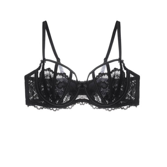Women's Sexy Lace Bra Underwire Balconette Unlined Demi Sheer Plus Size(Black,42D)