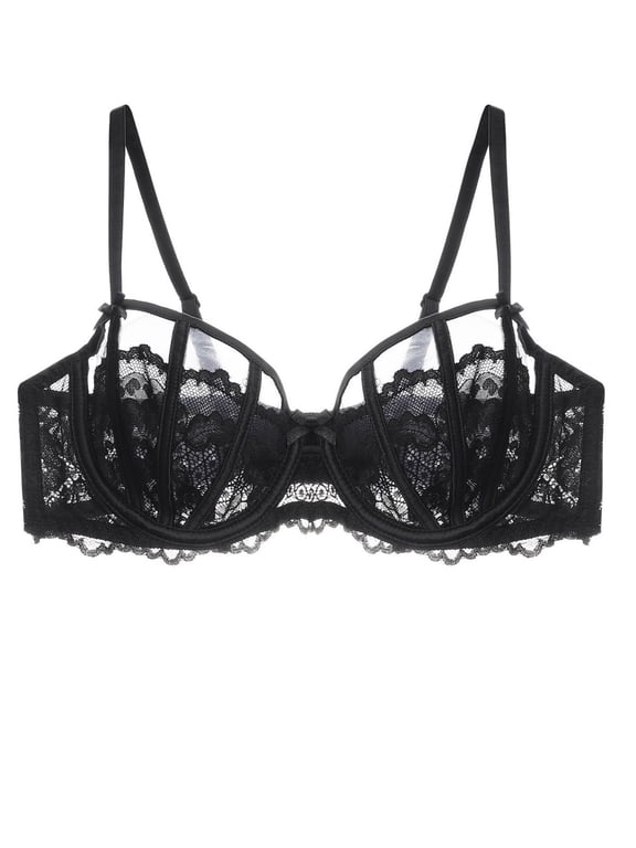 Women's Sexy Lace Bra Underwire Balconette Unlined Demi Sheer Plus Size(Black,42D)