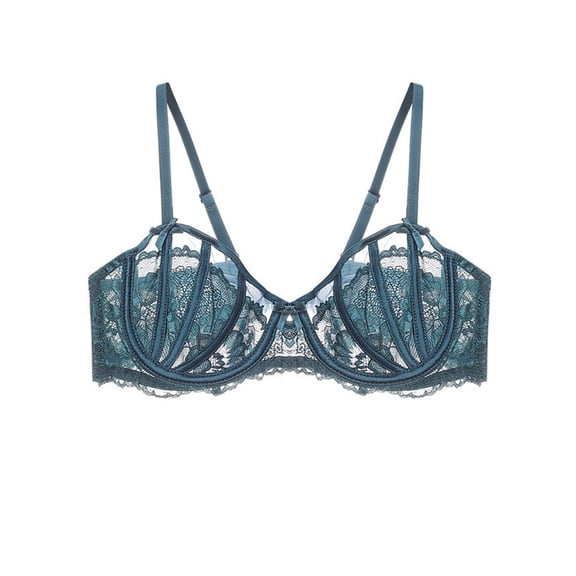 Women's Sexy Lace Bra Underwire Balconette Unlined Demi Sheer Plus Size（Green,32C)