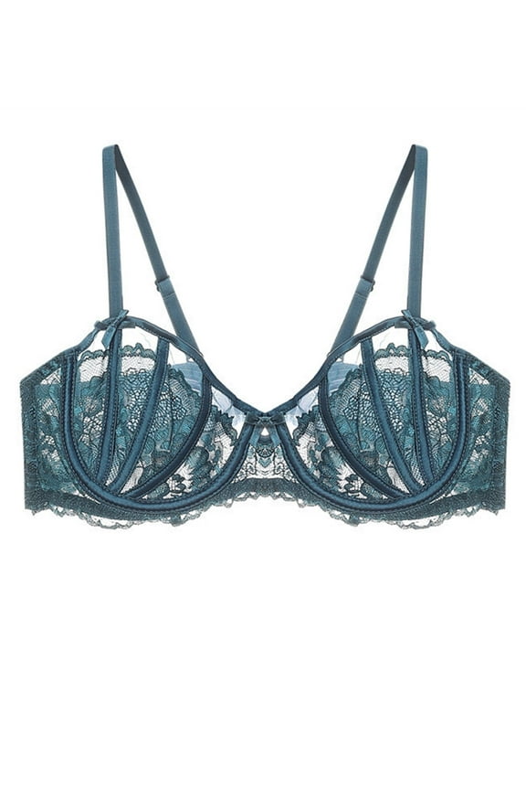 Women's Sexy Lace Bra Underwire Balconette Unlined Demi Sheer Plus Size(Green,34E)