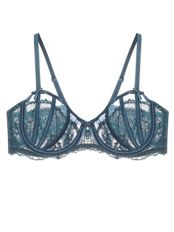 Women's Sexy Lace Bra Underwire Balconette Unlined Demi Sheer Plus Size(Green,38E)