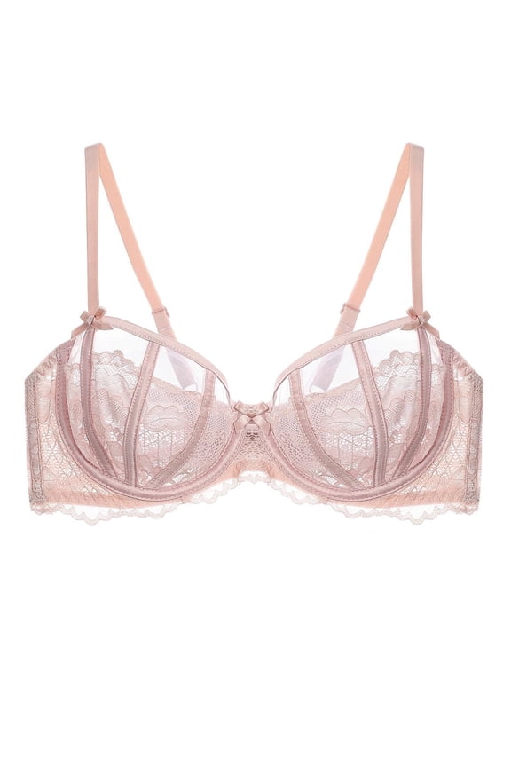 Women's Sexy Lace Bra Underwire Balconette Unlined Demi Sheer Plus Size(Pink,34C)