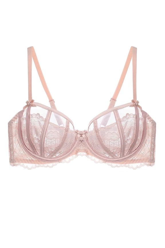 Women's Sexy Lace Bra Underwire Balconette Unlined Demi Sheer Plus SizePink,36D)