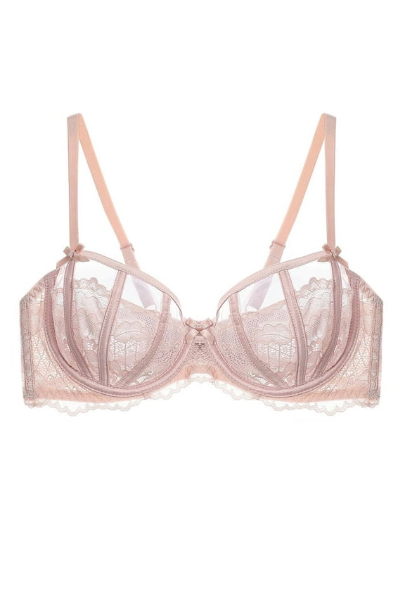 Women's Sexy Lace Bra Underwire Balconette Unlined Demi Sheer Plus Size(Pink,38B)
