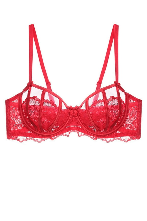 Women's Sexy Lace Bra Underwire Balconette Unlined Demi Sheer Plus Size（Red,34C)