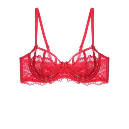 Women's Sexy Lace Bra Underwire Balconette Unlined Demi Sheer Plus Size(Red,36D)