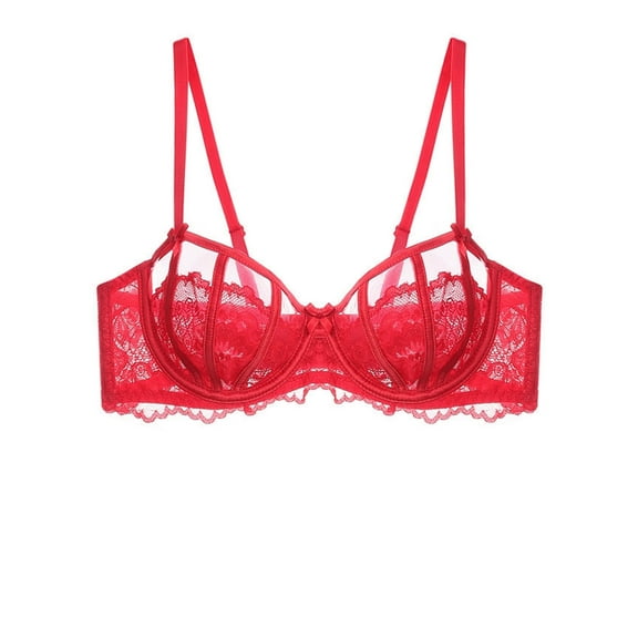 Women's Sexy Lace Bra Underwire Balconette Unlined Demi Sheer Plus Size(Red,36D)