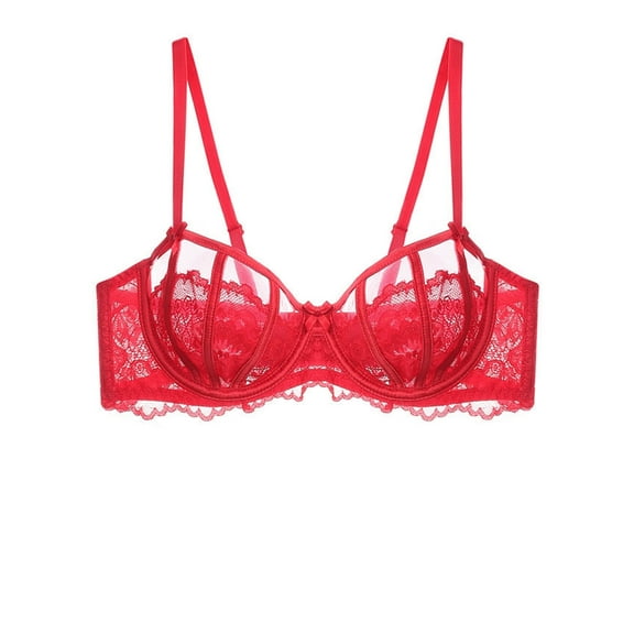 Women's Sexy Lace Bra Underwire Balconette Unlined Demi Sheer Plus Size(Red,38C)