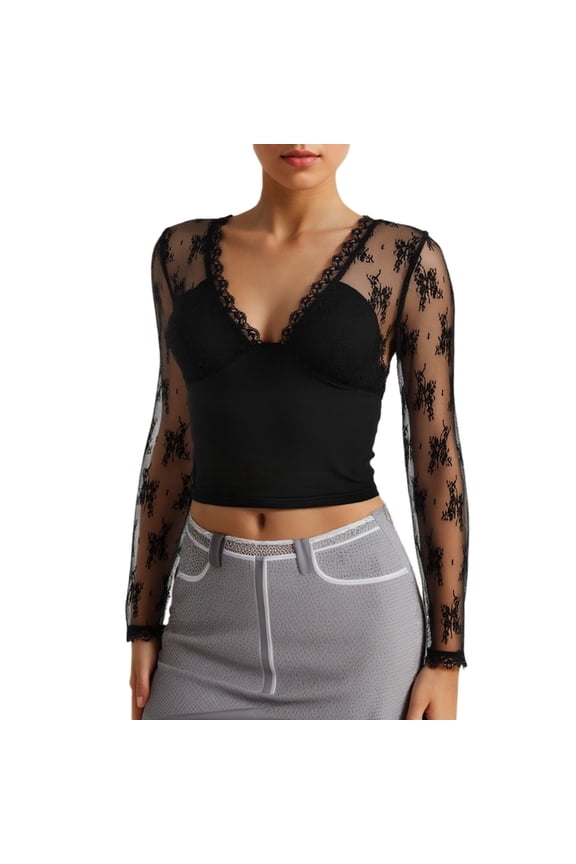 Women's Sexy Lace Deep V Long Sleeve Top for Date Night & Club, All-Season Wear, Multiple Sizes