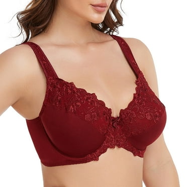 Women's Sexy Lace Embroidered Bras Full Coverage Unlined Underwire Plus Size Bra 34DD