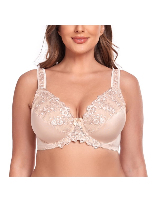 Women's Sexy Lace Embroidered Bras Full Coverage Unlined Underwire Plus Size Bra 36DDD