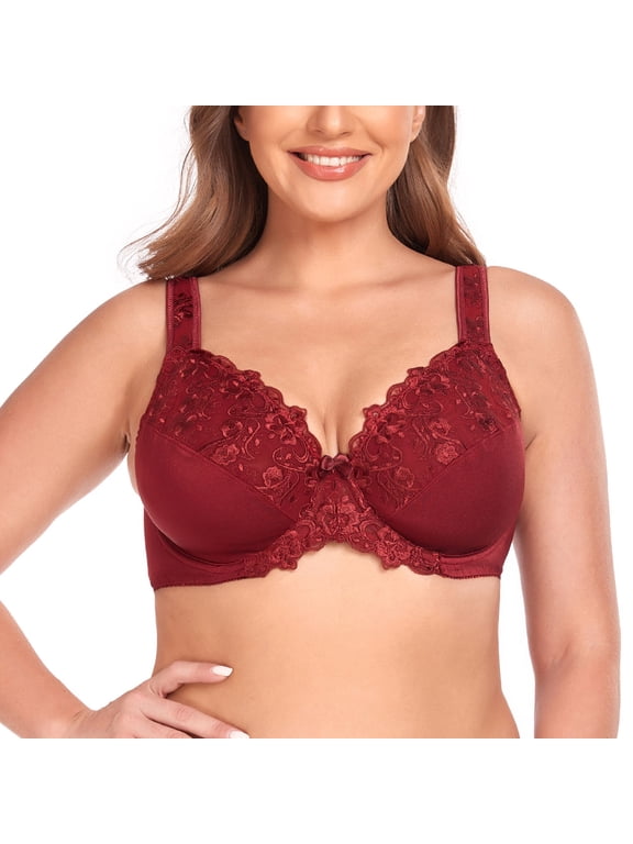 Women's Sexy Lace Embroidered Bras Full Coverage Unlined Underwire Plus Size Bra 36J