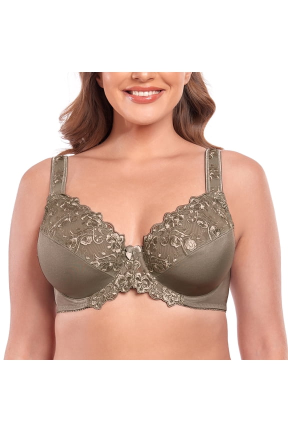 Women's Sexy Lace Embroidered Bras Full Coverage Unlined Underwire Plus Size Bra 38DD