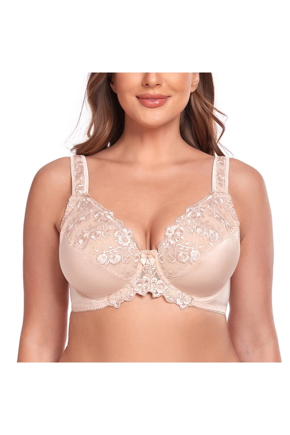 Women's Sexy Lace Embroidered Bras Full Coverage Unlined Underwire Plus Size Bra 40DD