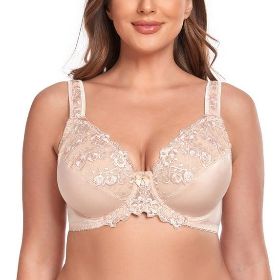 Women's Sexy Lace Embroidered Bras Full Coverage Unlined Underwire Plus Size Bra 40G