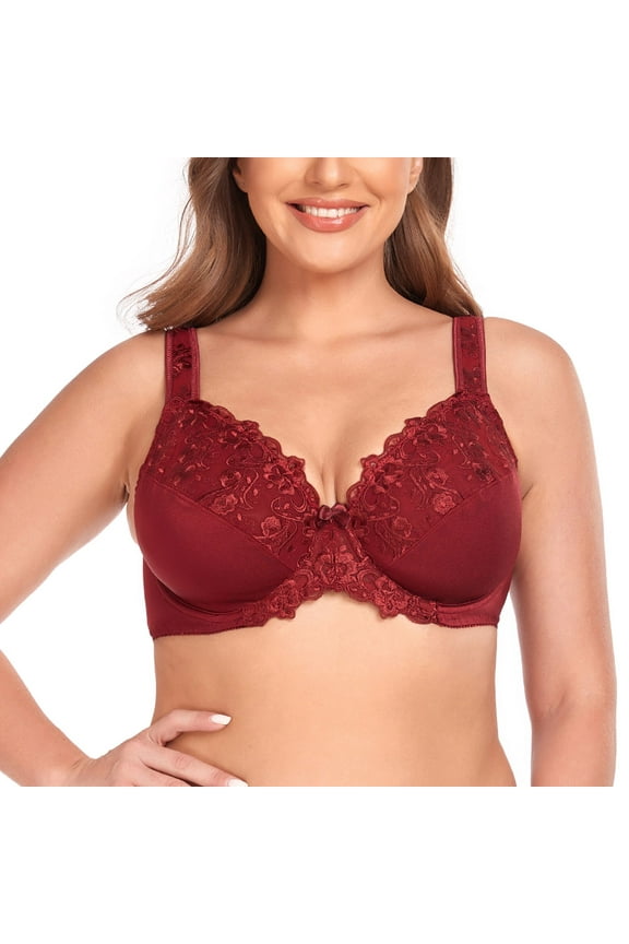 Women's Sexy Lace Embroidered Bras Full Coverage Unlined Underwire Plus Size Bra 42J