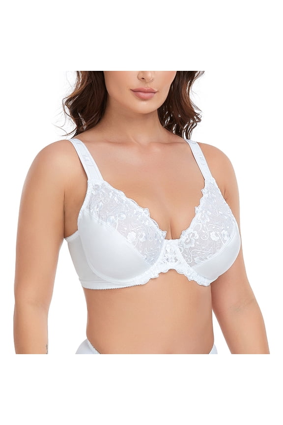 Women's Sexy Lace Embroidered Bras Full Coverage Unlined Underwire Plus Size Bra 46DD