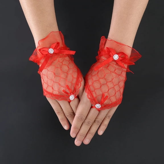 Women's Sexy Lace Fingerless Gloves with Bow, Elegant Short Evening Gloves for Wedding, Thin Bridal Accessory for Parties, Prom and Special Occasions Red