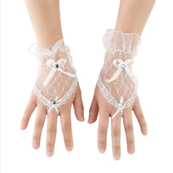 Women's Sexy Lace Fingerless Gloves, Elegant Bowknot Short Wedding Gloves for Bride, Delicate Thin Evening Party Accessories for Proms, Opera and Special Occasions White