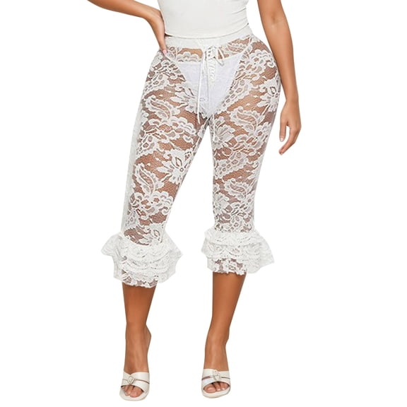 Women's Sexy Lace Hollow Cropped Pants - See Through Design, Low Rise, Elastic Waist - Hot Girl Summer Outfit