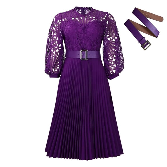 Women's Sexy Lace Hook Flower Hollow Pleated Dress Floral A-Line Flowy Dresses