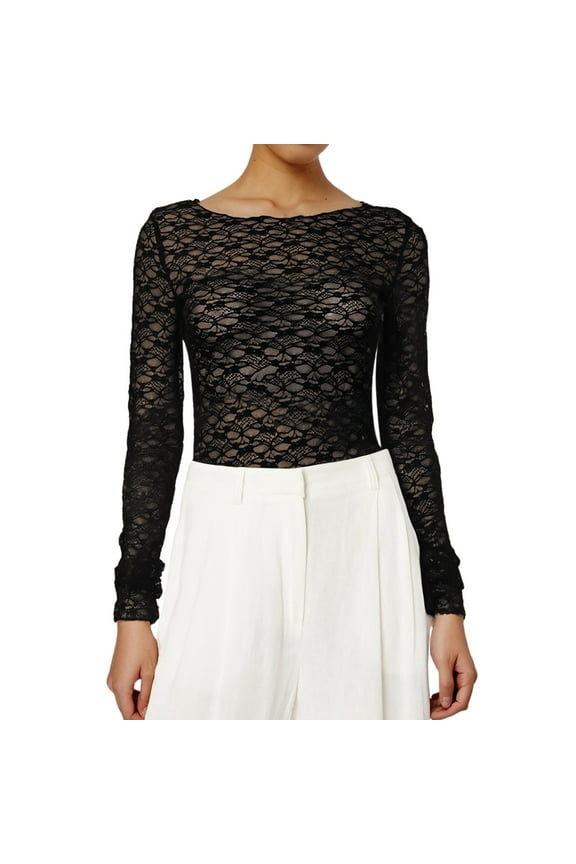 Women's Sexy Lace Long Sleeve Transparent Mesh Top Floral Pattern T-Shirt Elegant Feminine Blouse Stylish Comfortable Fashion