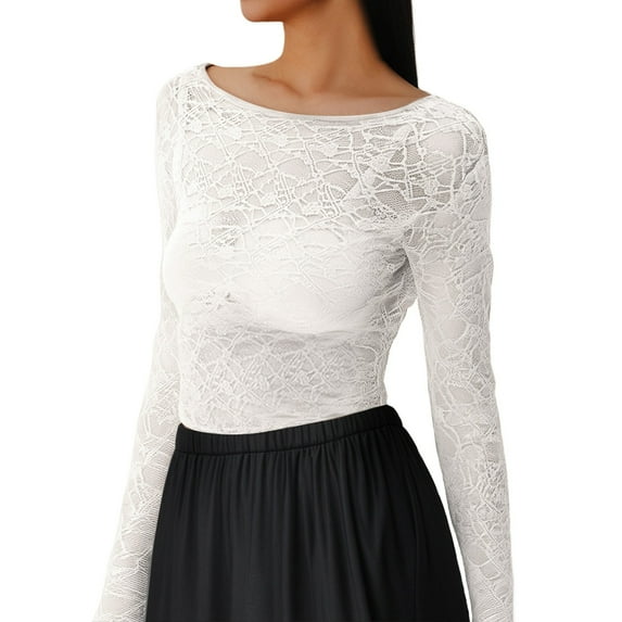 Women's Sexy Lace Long Sleeve Transparent Mesh Top Floral Pattern T-Shirt Elegant Feminine Blouse Stylish Comfortable Fashion