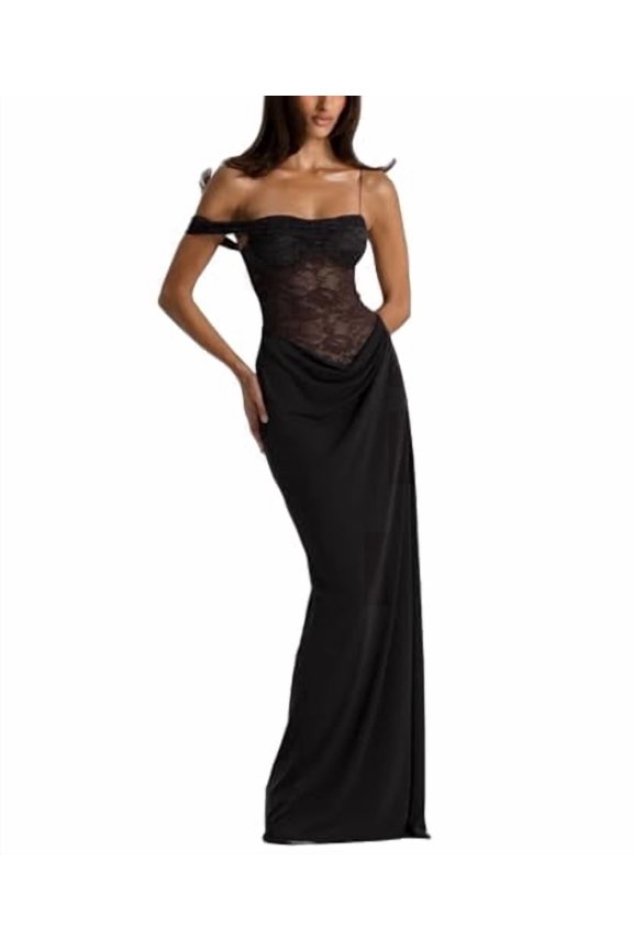 Women's Sexy Lace Maxi Dress High Split Spaghetti Strap Backless Wedding Guest Cocktail Formal Dresses