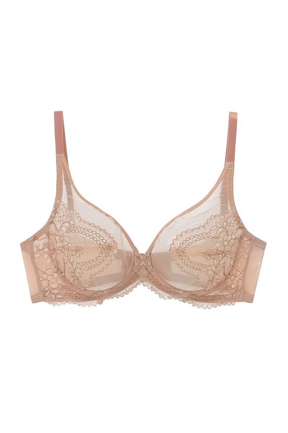 Women's Sexy Lace Mesh Bra with Embroidery See Through V Neck Sheer Balconette Unlined Underwire