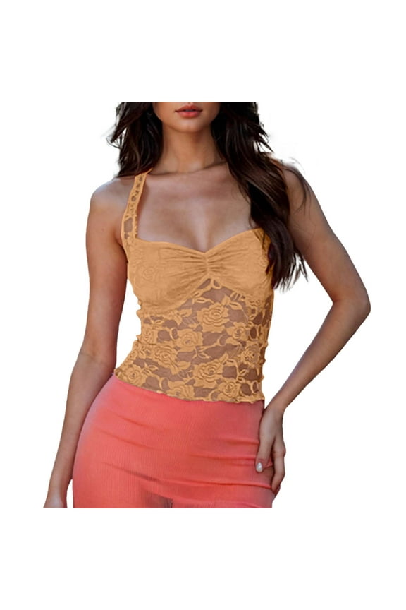 Women's Sexy Lace Neck Crop Top Sheer Mesh Tank Shirt Backless Going Out T-Shirt Cute See Through Blouse
