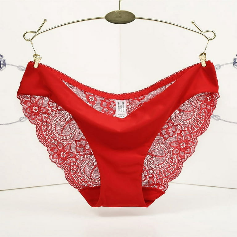 Women's Sexy Lace Panties Seamless Cotton Breathable Panty Hollow Briefs  Girl Underwear Red L