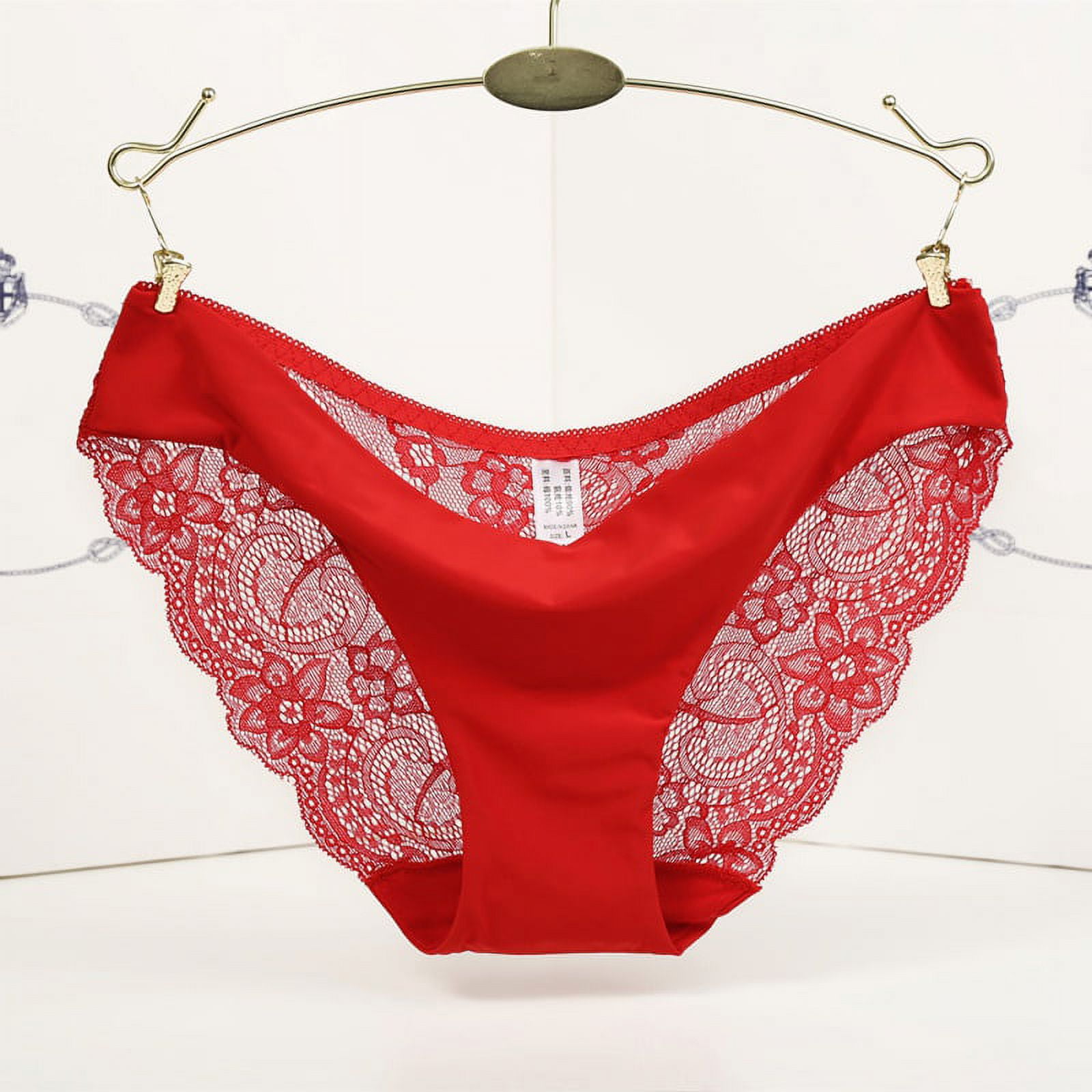 Women's Sexy Lace Panties Seamless Cotton Breathable Panty Hollow Briefs  Girl Underwear Red XL