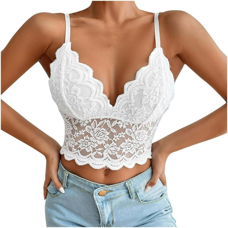 Women's Sexy Lace Patchwork Crop Spaghetti Strap Cami Tank Tops with Bra  Fashion See-through Lace Beach Party Vests 