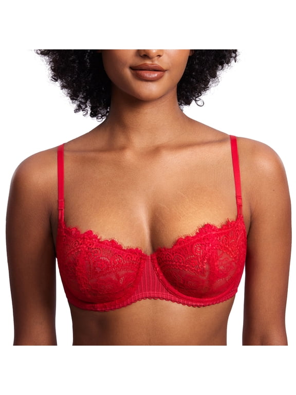 Women's Sexy Lace Push Up Plus Size Bra Sheer Balconette Underwire Unlined