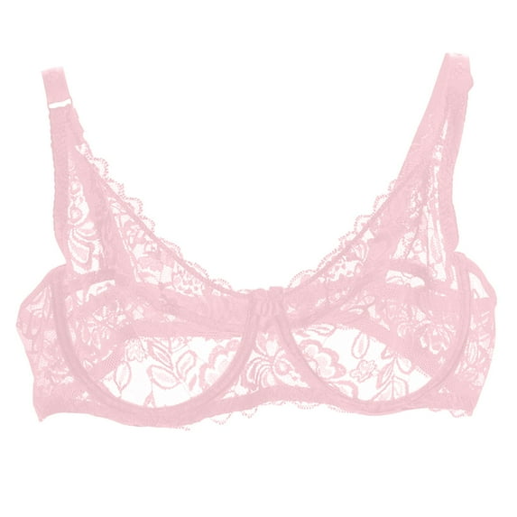 Women's Sexy Lace Push Up Plus Size Bra Sheer Balconette Underwire Unlined Pink 40