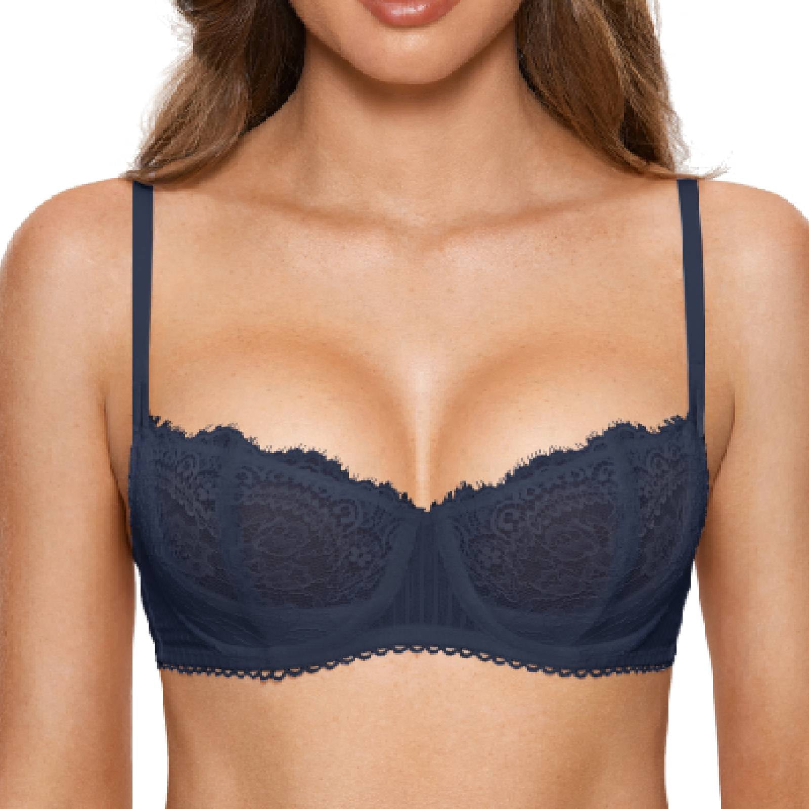 Women's Sexy Lace Push Up Plus Size Bra Sheer Balconette Underwire Unlined