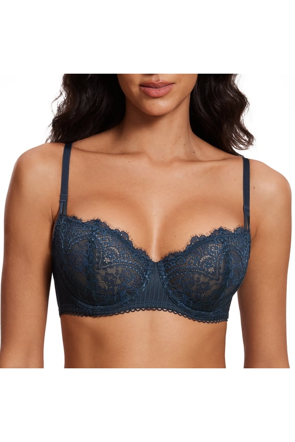 Women's Sexy Lace Push Up Plus Size Bra Sheer Balconette Underwire Unlined