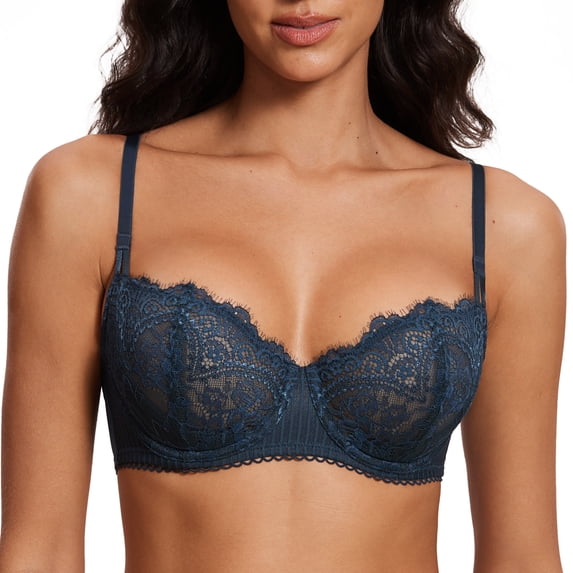 Women's Sexy Lace Push Up Plus Size Bra Sheer Balconette Underwire Unlined