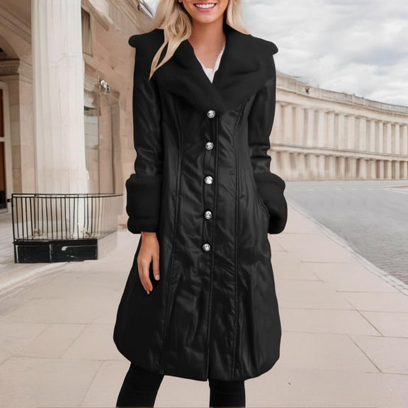 Women's Sexy Leather Lapel Long Jacket Coat With Collar  Sleeve Button Down Outwear Trench Coat Winter Fashion Juniors Coats Warm Clothes for Women Short Jackets for Women Fashion plus Clothes for