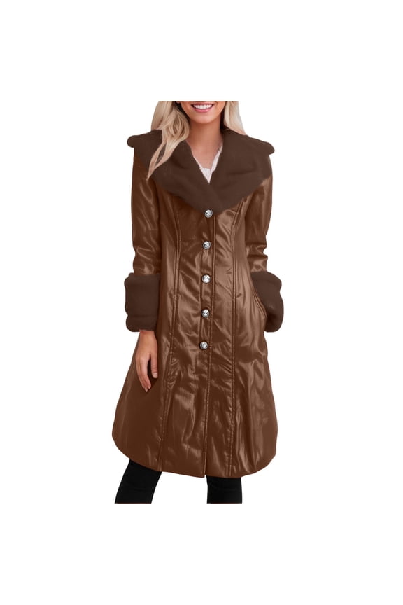 Women's Sexy Leather Trench Coat with Lapel Collar Long Jacket Outerwear Stylish Button Down Sleeve