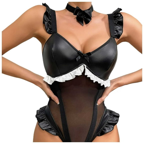 Women's Sexy Lingerie PU Mesh See-through Bodysuit Strap Jumpsuit for Occasions