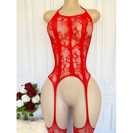 Women's Sexy Lingerie, Semi-sheer Fishnet Hot Jacquard Jumpsuit, Solid Color, Bodysuit - Classic Round Neck, Slit Design Pantyhose - Suitable for Valentine's Day Gifts