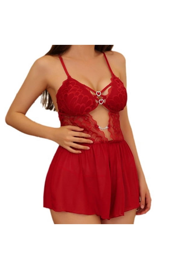 Women's Sexy Lingerie Sets Bra Panty 2 Picece Sets Metal Heart Cami Babydoll Chemise & Thong 2pc For Husband Boyfriend