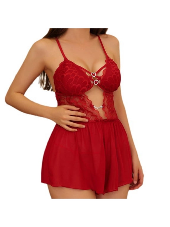 Women's Sexy Lingerie Sets Bra Panty 2 Picece Sets Metal Heart Cami Babydoll Chemise & Thong 2pc For Husband Boyfriend