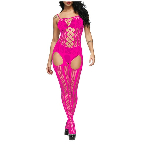 Women's Sexy Lingerie, Sleep & Lounge on Clearance Plus Size Sexy Womens Lingerie Fishnet Open Crotch Seamless Mesh Netting Stockings Chemise Hollow Out Bodysuit Sleepwear Under 5$