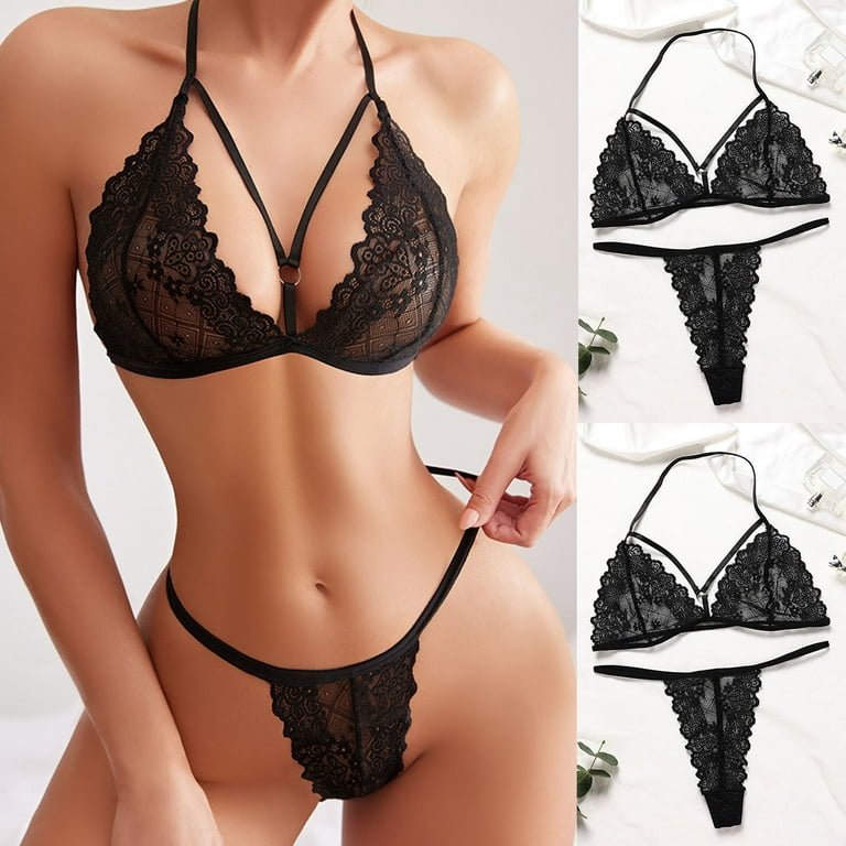 Women's Sexy Lingerie, Sleep & Lounge on Clearance Plus Size Sexy Women  Lace Lingerie Solid Temptation Underwear Bra Underpants Thong Panties