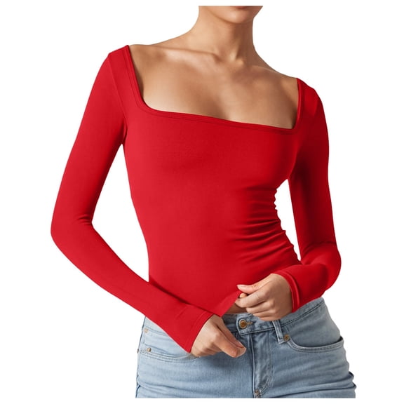 Women's Sexy Long Sleeve Crop Top Square Neck Basic Slim Fit T Shirt