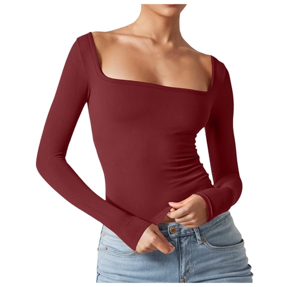 Women's Sexy Long Sleeve Crop Top Square Neck Basic Slim Fit T Shirt