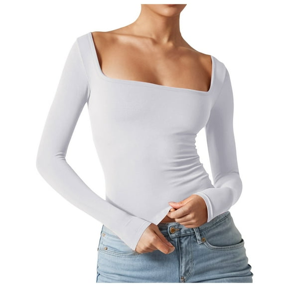 Women's Sexy Long Sleeve Crop Top Square Neck Basic Slim Fit T Shirt