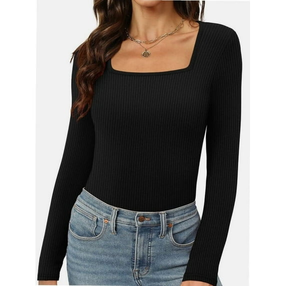 Women's Sexy Long Sleeve Shirts Square Neck Going Out Tops Basic Fall Fashion Slim Fit T Shirts Blouses